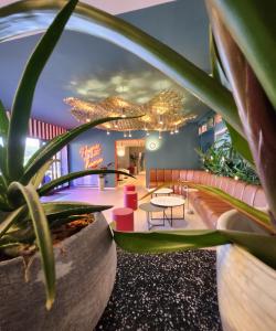 博洛尼亚尹朋里亚酒店的前景里有一个盆栽的房间