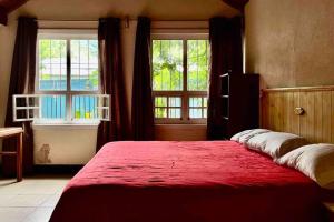 圣胡安拉拉古纳Casa I’x (Jaguar)的一间卧室设有一张红色大床和两个窗户