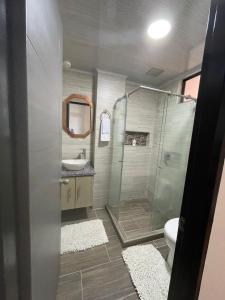 圣罗莎德卡瓦尔Moderno apto familiar piso 2的带淋浴、卫生间和盥洗盆的浴室