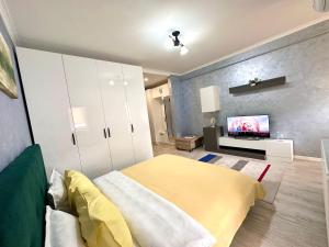 RoşuNice apartment in Militari Residence的一间卧室配有一张床,墙上配有电视