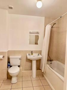 沃特福德Modern Apartment X91 R940的浴室配有卫生间、盥洗盆和浴缸。