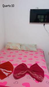科伦巴Beijaflor Pousada的一张带粉红色床罩的床,上面有弓形领带