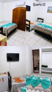 科伦巴Beijaflor Pousada的两张照片,房间配有两张床和电视