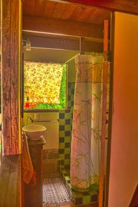 蒙特苏马Montezuma Heights的一间带水槽和淋浴帘的浴室