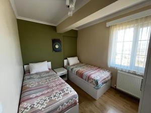 博卢Seyir Apartmanı的配有两张床铺的绿色墙壁和窗户
