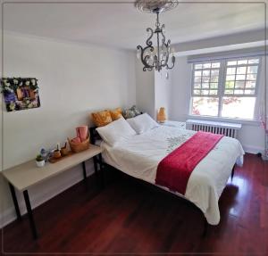 多伦多Toronto central area double bed room的一间卧室配有一张大床和一个吊灯。