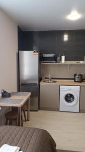 波尔塔瓦Гостьовий Будинок Апартаменти в тихому центральному районі Полтави Смарт-квартири的厨房配有冰箱和洗衣机。