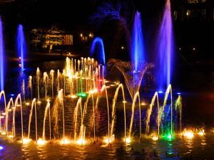 御殿场市御殿场火星花园木酒店(Mars GardenWood Gotemba)的夜晚水中灯火通明的喷泉
