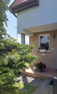 达尔沃沃内拉酒店的窗户上两棵盆栽植物的房子