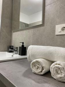 蒂米什瓦拉Comfort & Luxury Apartaments PNMresidence的一间带水槽和台面毛巾的浴室