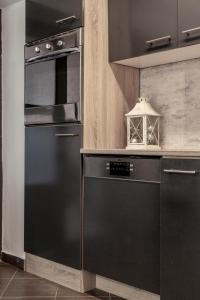 布达佩斯Deluxe Quentin Apartment next to the Heroes Square的厨房配有黑色冰箱和炉灶。