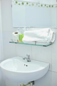 顺化Shine Riverside Homestay的浴室设有水槽和带毛巾的架子。