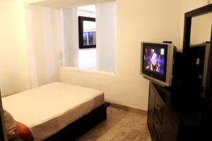 阿卡普尔科Luxurious Apartment, Oceanfront, spectacular view的一间卧室设有一张床、一台电视和一个窗口。