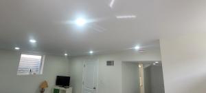 基奇纳Comfy basement near KW airport的白色客房,天花板上拥有光线
