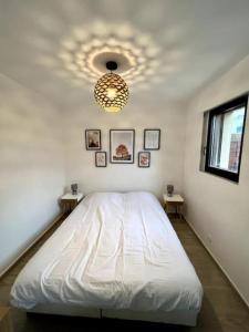 普雷夫桑莫昂Studio la Fruitière的卧室配有白色的床和吊灯。