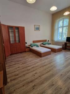 埃尔布隆格Galeona - Hotel turystyczny的大客房铺有木地板,配有两张床。