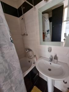 Novi BeogradUšće apartman的一间带水槽、浴缸和镜子的浴室
