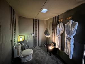 ḨawīyahStarwatching Private Camp的一间带卫生间和淋浴帘的浴室