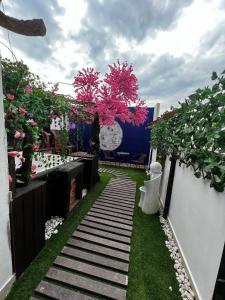 瓜达拉哈拉Departamento Inteligente con Jacuzzi Privado en Zapopan的一座种有粉红色花卉和走道的花园
