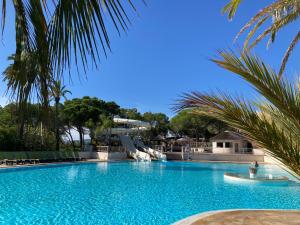 弗雷瑞斯La Baume 515的一座拥有棕榈树和水滑梯的游泳池