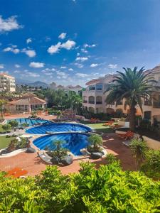 圣米格尔德阿沃纳Casa Palmu apartment - A peaceful and relaxing oasis in Golf del Sur, Tenerife的棕榈树和建筑度假村内的游泳池