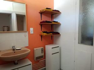 隆勒索涅Maison centre-ville calme avec jardin的浴室设有橙色墙壁、水槽和镜子