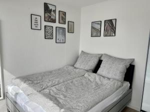 埃默里希PANORAMA - Exklusives Apartment an der Promenade mit Dachterrasse & Rheinblick的卧室内的一张床铺,墙上挂着照片