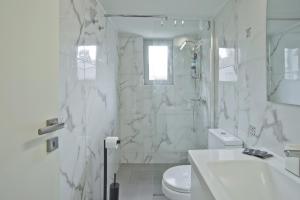 雅典Athina的带淋浴和卫生间的白色浴室