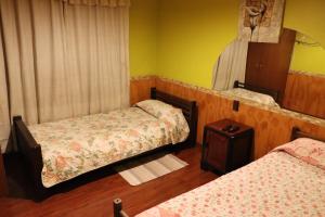 圣费尔南多Hostal Valle Central San Fernando, Chile的小房间设有两张床和镜子