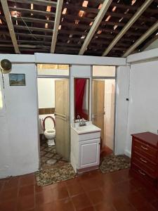 Los SantosHostal Voyager La Villa de Los Santos, Panama的客房内设有带水槽和卫生间的浴室