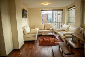 拉巴斯Confortable y Amplio Apartamento Duplex en zona céntrica de Calacoto的带沙发和椅子的客厅以及窗户。