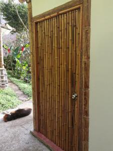 萨兰托Casa Tien的木门,旁边放着一只狗