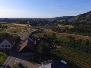 奥伯基希Ferienhof Vordere Alm的享有村庄的空中景色,有房子和道路