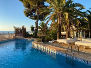 圣埃乌拉利亚布埃纳维斯塔套房酒店的一个带两张床的游泳池,棕榈树