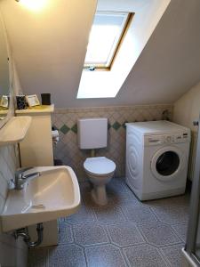 沃尔法赫Haus Rebberg的浴室配有卫生间水槽和洗衣机。