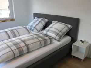 BurladingenLandgasthof Lamm Ferienwohnungen的一张带两个枕头和一张桌子的床