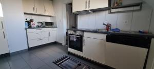 DullikenEdel Apartments Dulliken的厨房配有白色橱柜和黑炉灶烤箱。