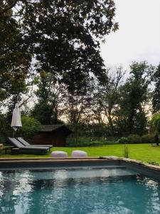 TroozNîdwazô - Ecolodge & Maison d'hôtes的一个带两把椅子和遮阳伞的游泳池