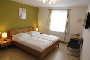 多瑙河畔的马尔巴赫哈斯伯格宾馆的一间卧室设有一张床、一个窗口和一台电视