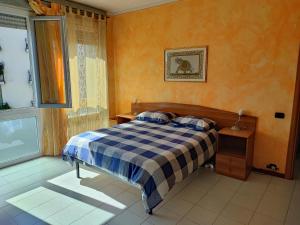 韦尔巴尼亚Appartamento Chic Vista Lago - Casa Janis的一间卧室配有一张带铺着地毯的床和窗户。