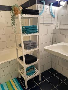 杜塞尔多夫Ideale Unterkunft in Düsseldorf-Nord的浴室设有毛巾架和水槽