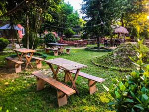 奇旺Hotel Tharu Garden And Beer Bar的公园里的一组野餐桌