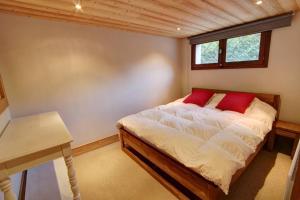 夏蒙尼-勃朗峰Chalet Clara的一间卧室配有一张带书桌的床和窗户。