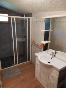 阿尔克河畔博讷瓦勒Chalet Le Grand Méan的浴室配有白色水槽和淋浴。