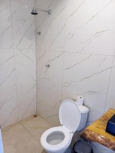 圣若泽-迪里巴马尔Cantinho da Praia do Meio的白色的浴室设有卫生间和淋浴。