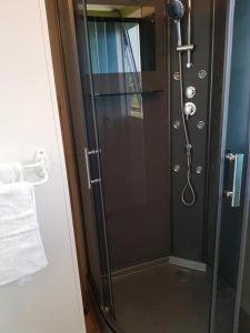 Cottage flottant terrasse jacuzzi option aux Portes de Dijon的浴室里设有玻璃门淋浴