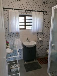 希尔顿Pied Cow Cottage的一间带水槽和卫生间的浴室以及窗户。