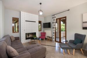 普林斯Villa Alex with private pool and jacuzzi的客厅配有沙发、椅子和壁炉