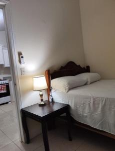 拉塞瓦Alojamiento en La Ceiba的一间卧室配有一张床和一张带台灯的桌子