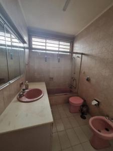 坎皮纳斯Quarto Bem Star na Lagoa do Taquaral的一间带粉色水槽和卫生间的浴室